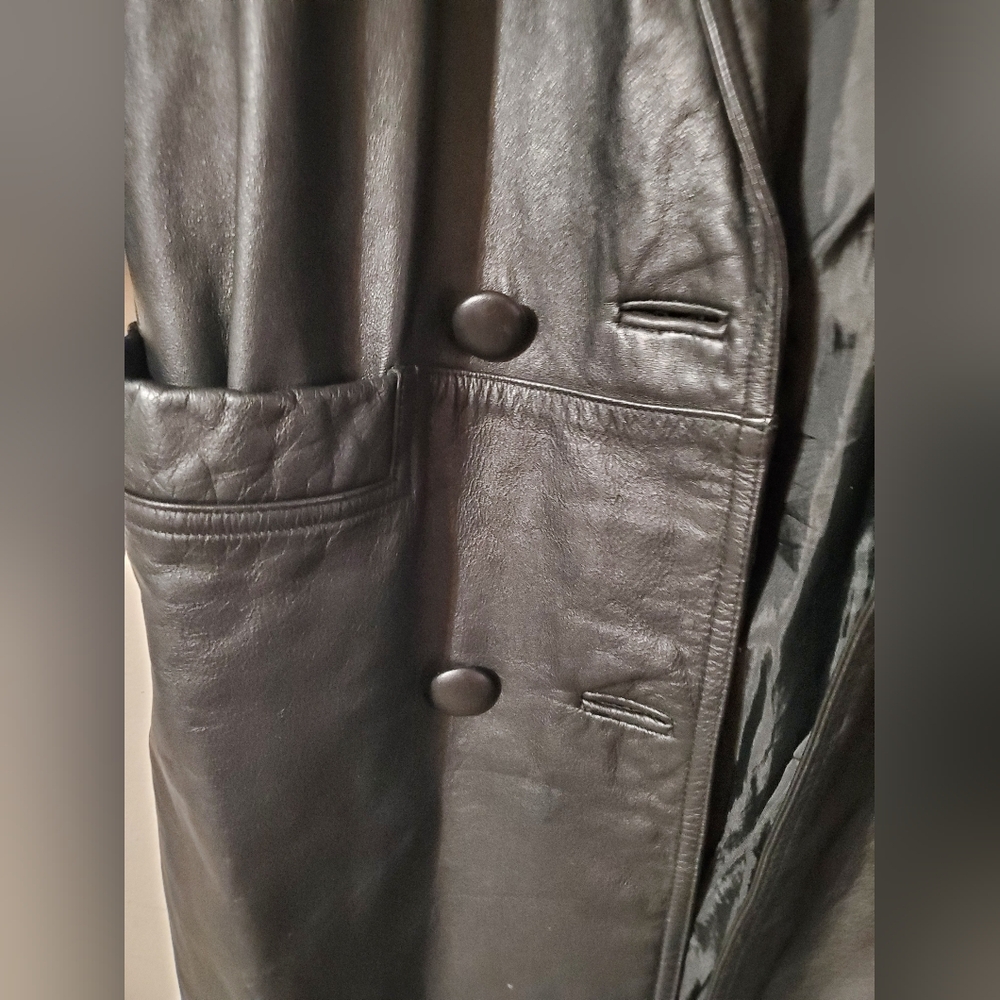 Y2k International Leather Collection Black Leather Trench Coat Size Small Petite - Picture 5 of 14